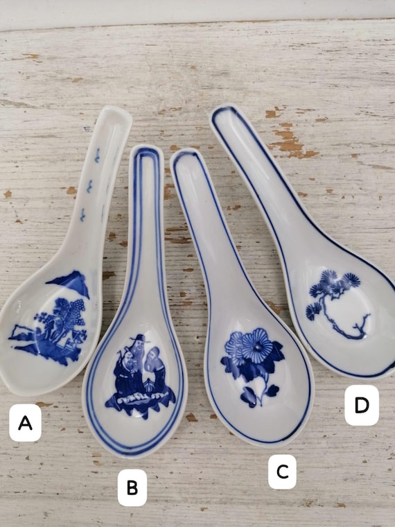 Chinesischer Nudellöffel, seltener Vintage-Porzellanlöffel, blau-weiße Reislöffel, orientalischer Löffel, chinesischer Reissuppenlöffel, asiatischer Löffel