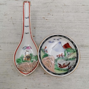 Vintage Chinese Spoon and small bowl ,Chinese porcelain soupe spoon,hand painted China Spoon,Spoon China,Oriental spoon, Rice spoon Chinese