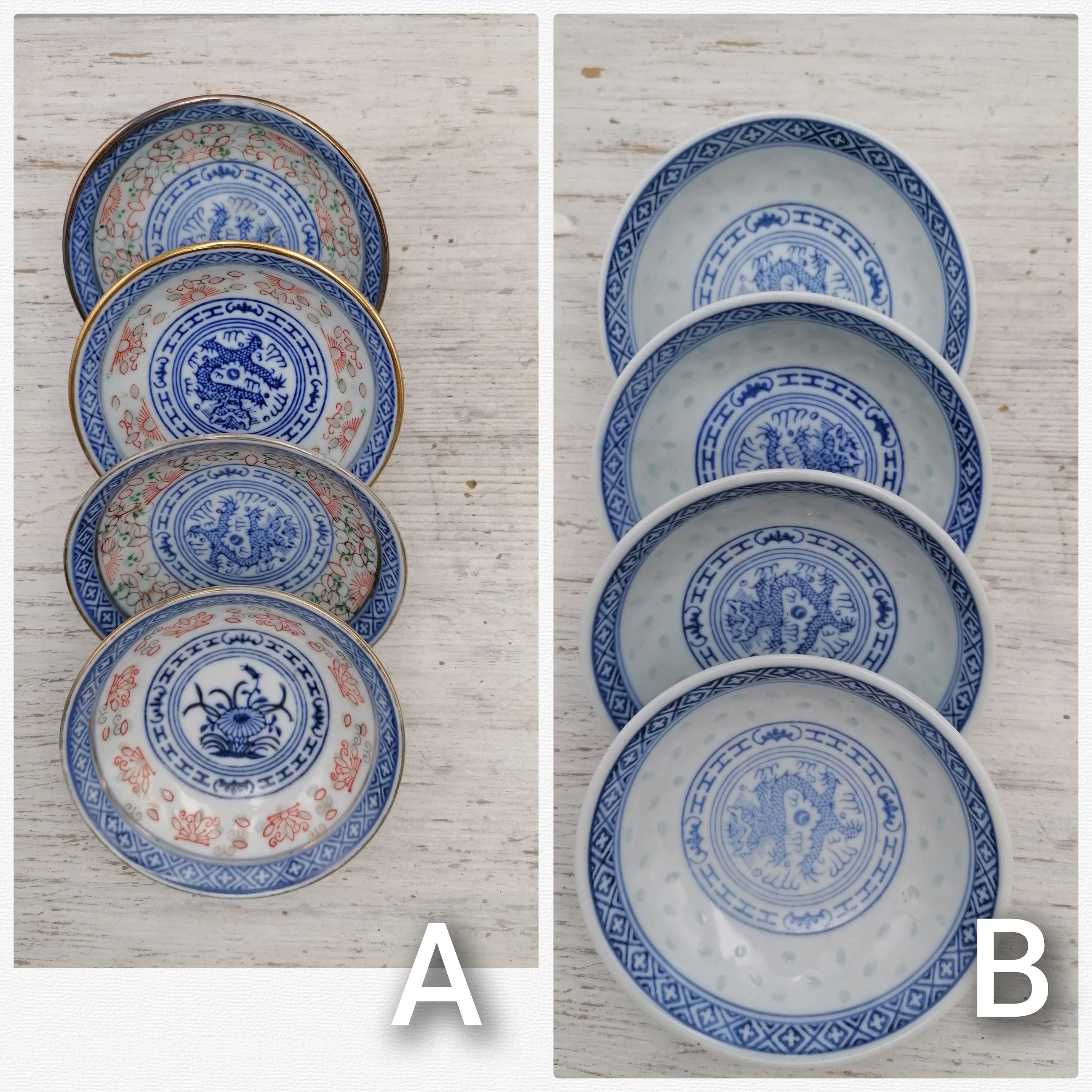 ensemble vintage de 4 petites assiettes chinoises à sauce, bleues et blanches, en porcelaine peintes la main, plats chinois aux motifs asiatiques,