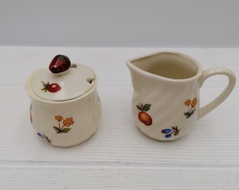 Vintage small ceramic set for kitchen, Small sugar bowl and creamer,  white ceramic creamer and sugar bowl with flower decor
