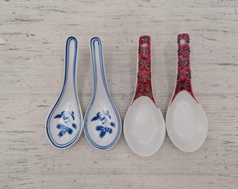 Set of 2 Porcelain Soup Spoon, Hand Painted Spoons,Asian Noodle Spoon, Vintage Spoons Chinese , Spoons from China,Asia Oriental Spoons