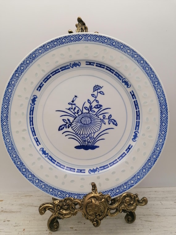 ヴィンテージ中国9.0磁器皿、青と白の磁器中国皿、東洋磁器皿