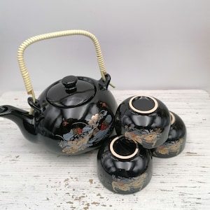 Japan Porcelain Teapot with cups,Black Teapot and cups,Japan dishes for tea,Decoration Teapot with small cups,Teapot with Peacock