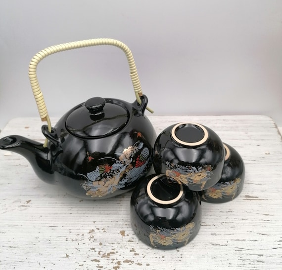 Teiera in porcellana giapponese con tazze,Teiera e tazze nere,Piatti  giapponesi per il tè,Teiera decorativa con tazzine,Teiera con pavone -   Italia