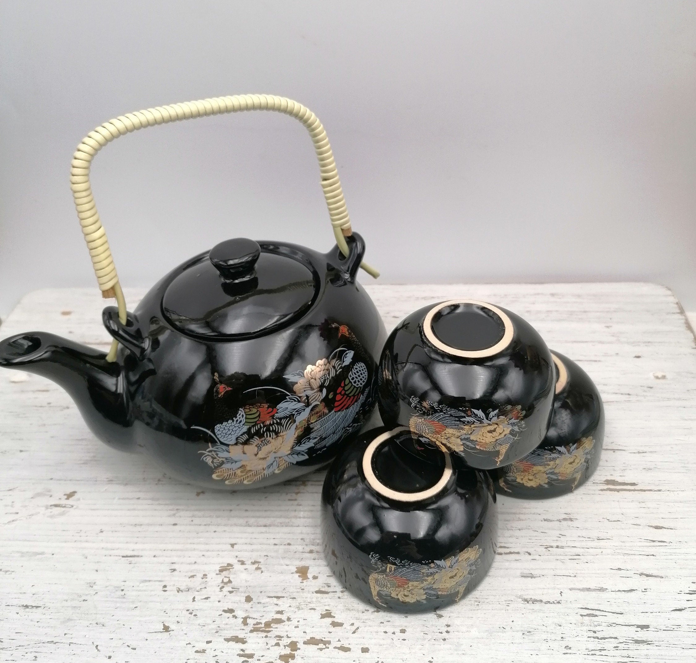 Tetera de cerámica de 20 onzas con 4 tazas de té, olla de té de porcelana  de estilo japonés, hojas sueltas y tetera floreciente, tazas de té de