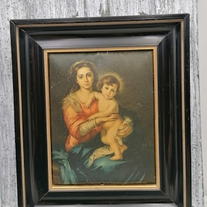 Vintage square wooden frame, Image on a silk, Silk antique reproduction in a frame, Antique home decor, antique Madonna with child