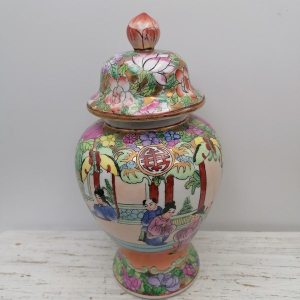 Grand vase chinois très antique de 9,5 pouces avec couvercle, vase à image chinoise, vase rare en porcelaine orientale, décoration asiatique, vase chinois peint à la main