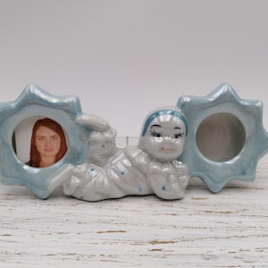 Pierrot Porcelain Photo Frames, Small Double Picture Frames, Blue Pierrot Double Picture Frames