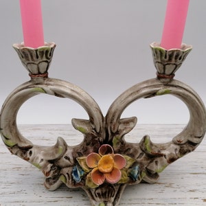 Bougeoir en céramique pour 2 bougies, bougeoir rond en céramique, bougeoir décoratif Florl peint à la main