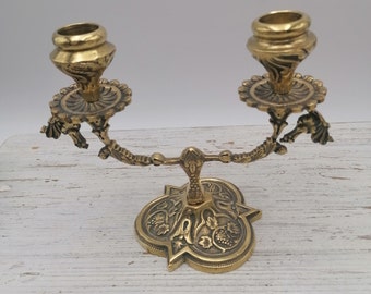 Vintage Brass Candlestick for two candles,Double candle holder, Carved Brass candlestick, unique brass Candelabra, unique Gift brass