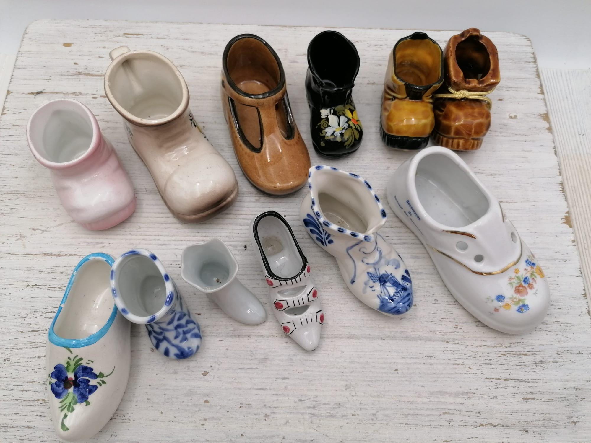 Vintage Set of 12 Small Ceramic Fashion Miniature Shoes, Vintage