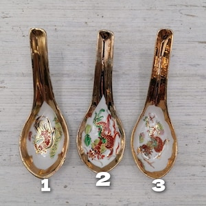 Vintage Porcelain Soup Spoon, Hand Painted Dragon/Rooster Spoon, Unique Decor Spoon,Porcelain Chinese Spoon, Oriental Porcelain Decor