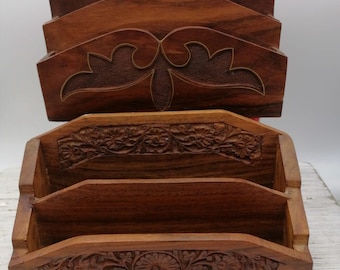Vintage Wooden Letter Holder Desk Organizer, Carved Wood Letter