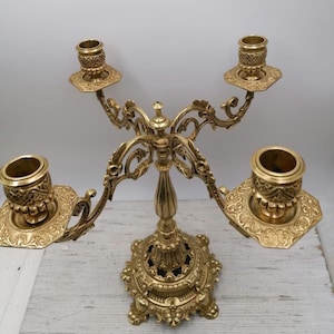 Ornate Brass Candelabra, Antique Brass Candle Holder Centerpiece Decorative Candlestick Wedding Decor Dining Mantle 4 Arm Farmhouse