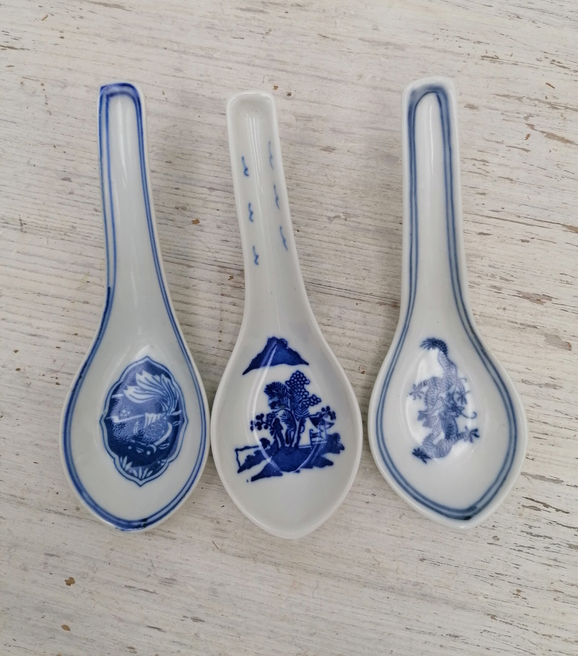 Vintage Porcelain Soup Spoons, Hand Painted Noodle Rice Spoons