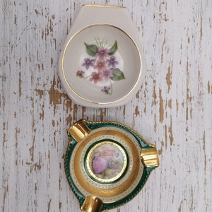 Vintage Mini  porcelain Ashtray, Round Ashtray, Antique Painting Ashtray, 3 Cigarette Ashtray,Flower Ashtray, romantic Ashtray