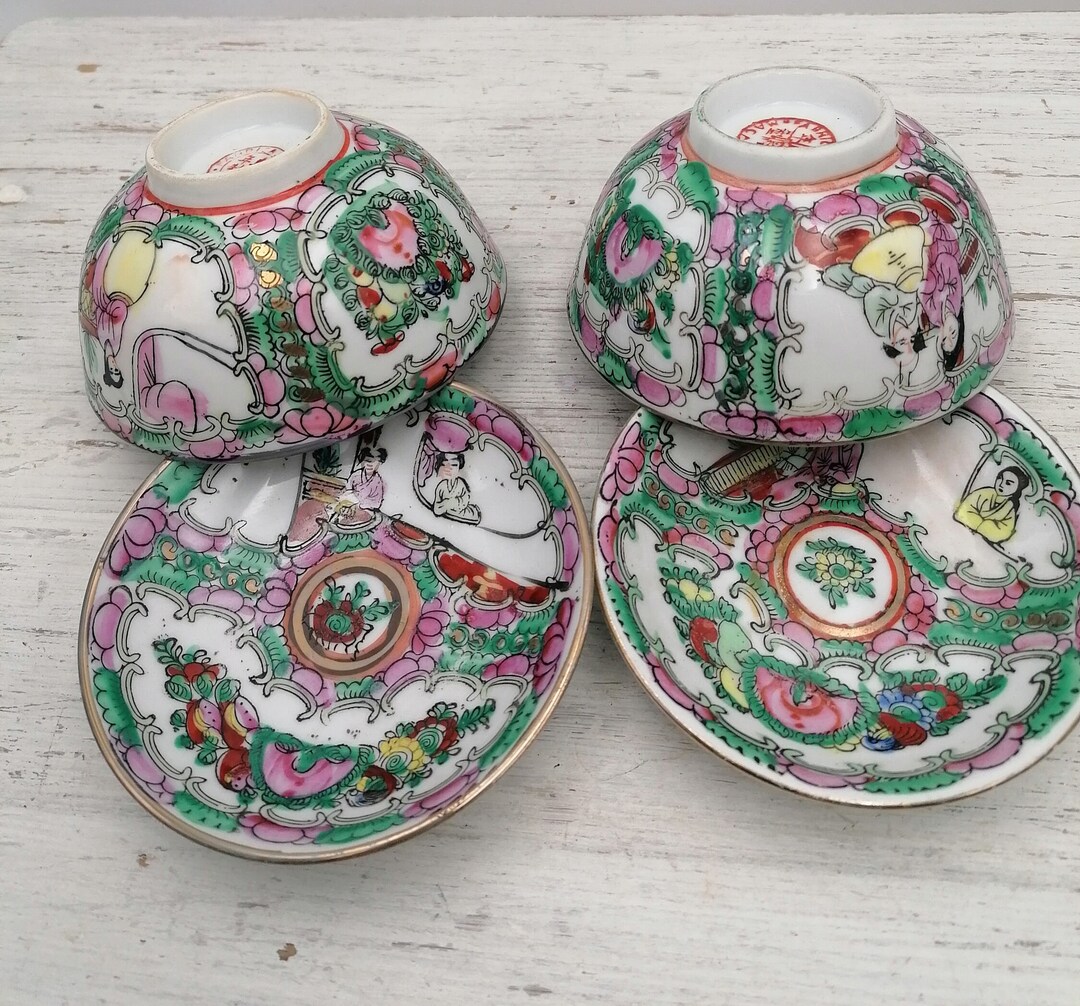 Set of 2 Small Bowls and Plates, Beautiful Small Asian Bowls With