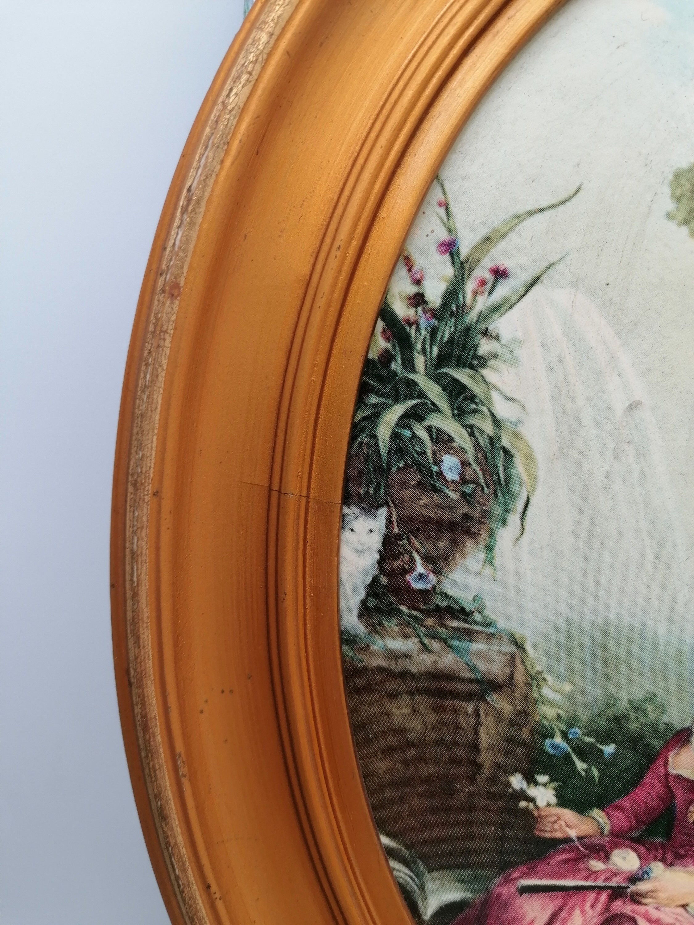木製ベースのアンティーク楕円形額縁、絵画木製フレーム、金色の