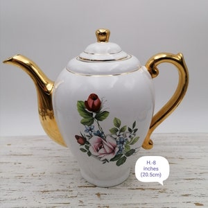Porcelain Lidded Teapot, White and Gold Portugal Porcelain Teapot, Floral Pattern Teapot, Portugal Kitchenware