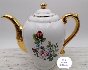 Porcelain Lidded Teapot, White and Gold Portugal Porcelain Teapot, Floral Pattern Teapot, Portugal Kitchenware