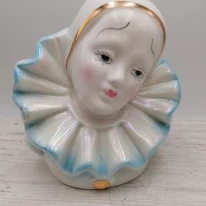 Grand buste Pierrot, Pierrot en porcelaine bleue, statue antique de Pierrot Harlequim, figurine Pierrot bleu, décoration d&#39;intérieur
