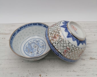 Set of 2 Soup Bowls, Porcelain Bowls, China Porcelain Set, Blue  White Red Noodle Soup Bowls, Asian Home Decorecor