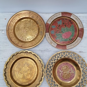 Vintage brass plates, Carved Brass Plate, Red Enamel Flower Decor Brass Plate,brass decorative plate,brass plate with nature pattern