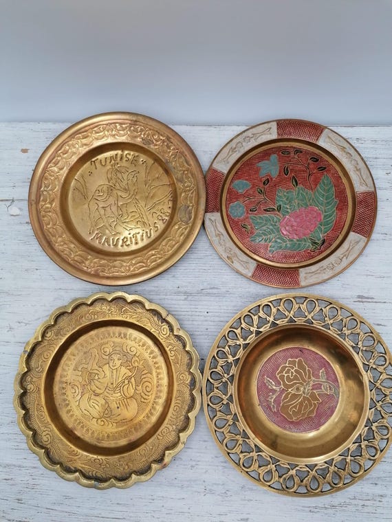 Vintage Brass Plates, Carved Brass Plate, Red Enamel Flower Decor
