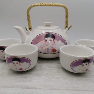 Vintage Porcelain Set of Tea Pot with 4 cups,  Pierrot image Decor Tea Set, Small Pierrot Cups, white ceramic tea set with Pierrot image