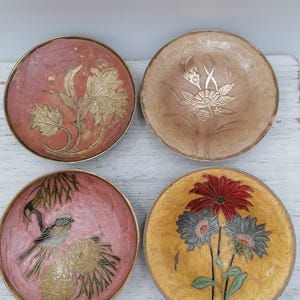 Vintage 5.8&quot; Brass Carved plate, Brass Enamel Bowl, Pedestal brass bowl with flowers,Collectible brass bowl, Nature/floral design brass bowl