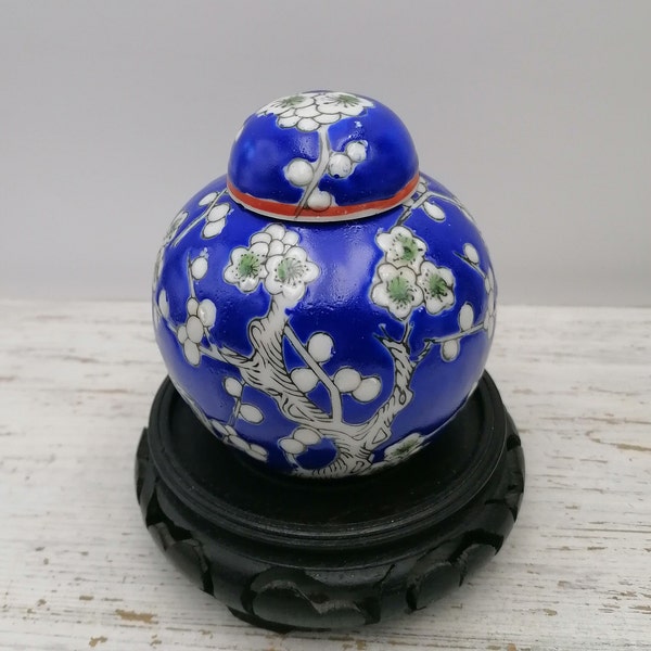 Vintage Chinese vaas met deksel, kleine ronde vaas met deksel, verzamelvaas, vintage pot met deksel, bloempot met deksel, blauwe kleine vaas China