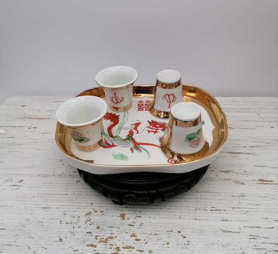 Vintage Chinese Set of 4 Small Sauce Bowls, Chinese Small Cup With  Plate,chinese Bowl for Sauce,tea, Chinese Sauce Dishes 