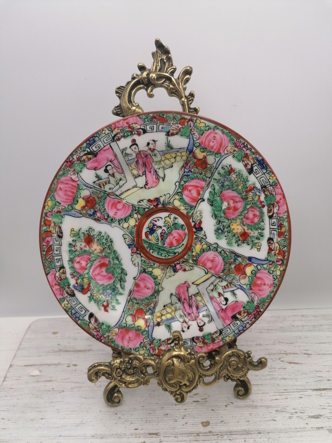 Asian Plate 8with Stand, 8 Inches Plate, Carved Brass Stand,rose