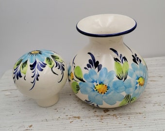 Vintage Keramik Servierkaraffe, blaue Blumenmuster Dose mit Deckel, Keramikvase mit Deckel, seltene Keramik Karaffe, Blumendekor Dose