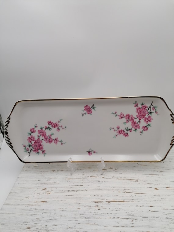 Langer Teller mit japanischem Sakura-Muster, langes Gericht mit Rosenblumenmalerei, Küchengeschirr