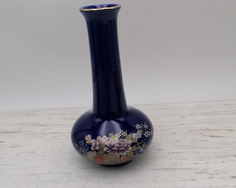 Vintage ceramic small blue vase, Flower decorated vase, House decoration, Small blue vase, Flower Decor vase,Oriental Blue vase with flowers