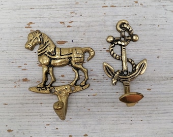 Gancio da parete vintage in ottone massiccio, appendiabiti in ottone intagliato, cavallo, appendiabiti a forma di ancora color oro, gancio per asciugamani, arredamento per la casa