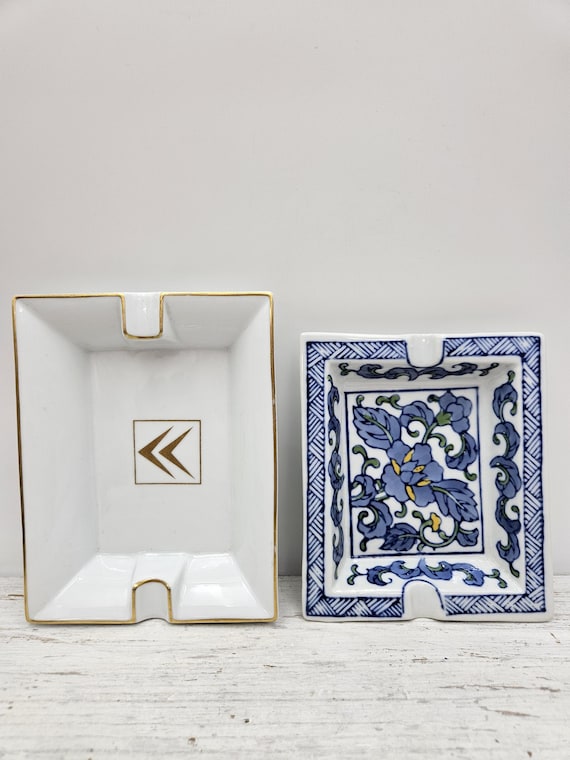 Porcelain Ashtray,square Ashtray, Big White/blue Ashtray for 2
