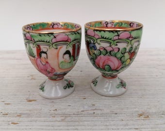Vintage Set of 2 Chinese Egg Cup,Set of Egg Holder,Rose Medallion Egg Cups, Morning Breakfast Egg Bowl, Colorfulegg cups,Chinese Kitchenware