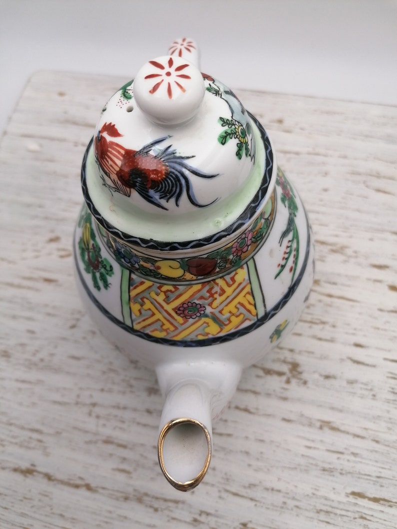 Vintage Teapot Handpainted Roosters Chinese Porcelain Etsy