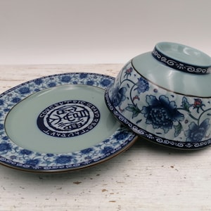 Set of 2 Chinese Soup Bowl and plate, Chinese Floral Pattern Decorated Bowl and plate,