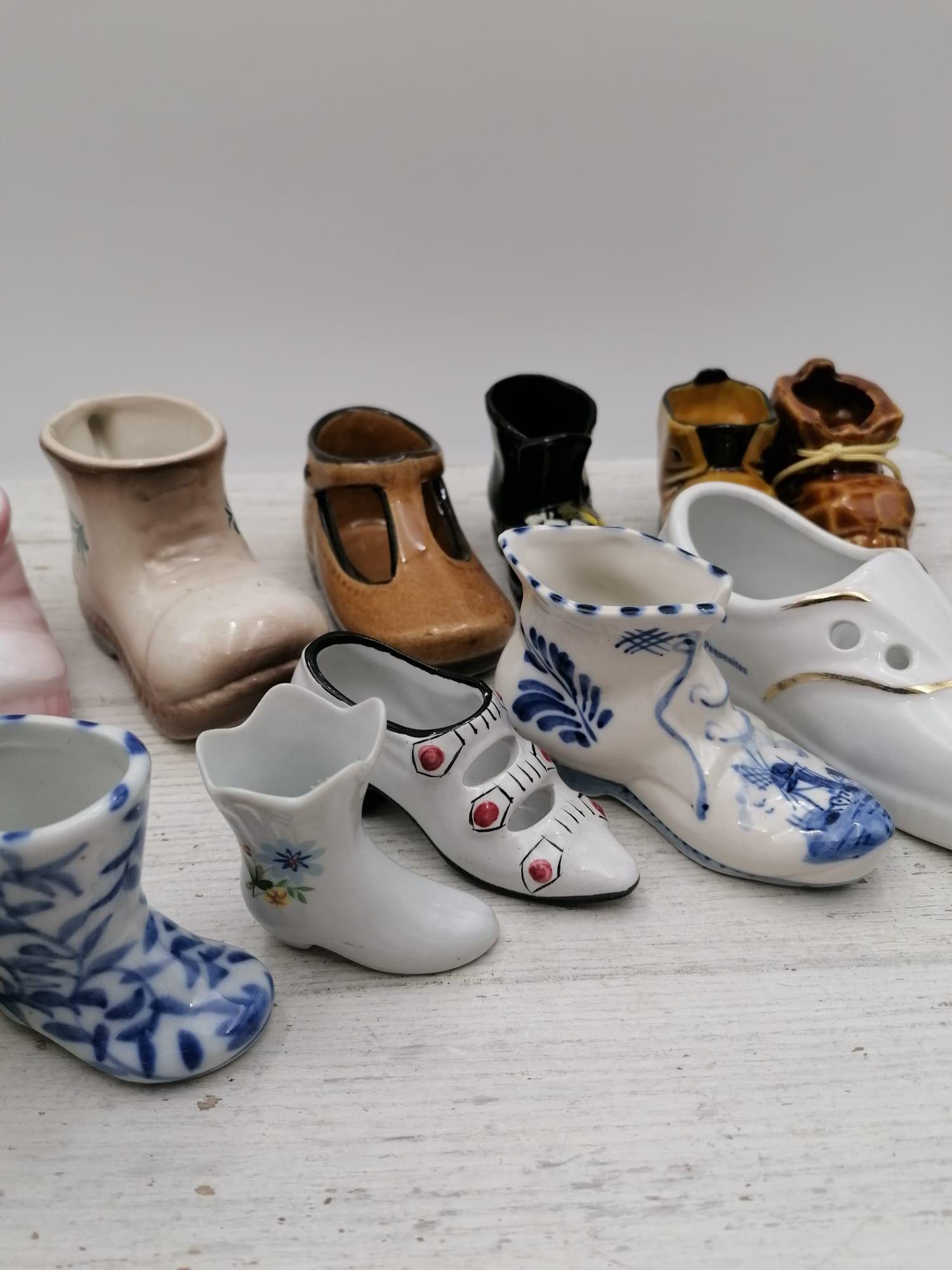 Vintage Set of 12 Small Ceramic Fashion Miniature Shoes, Vintage