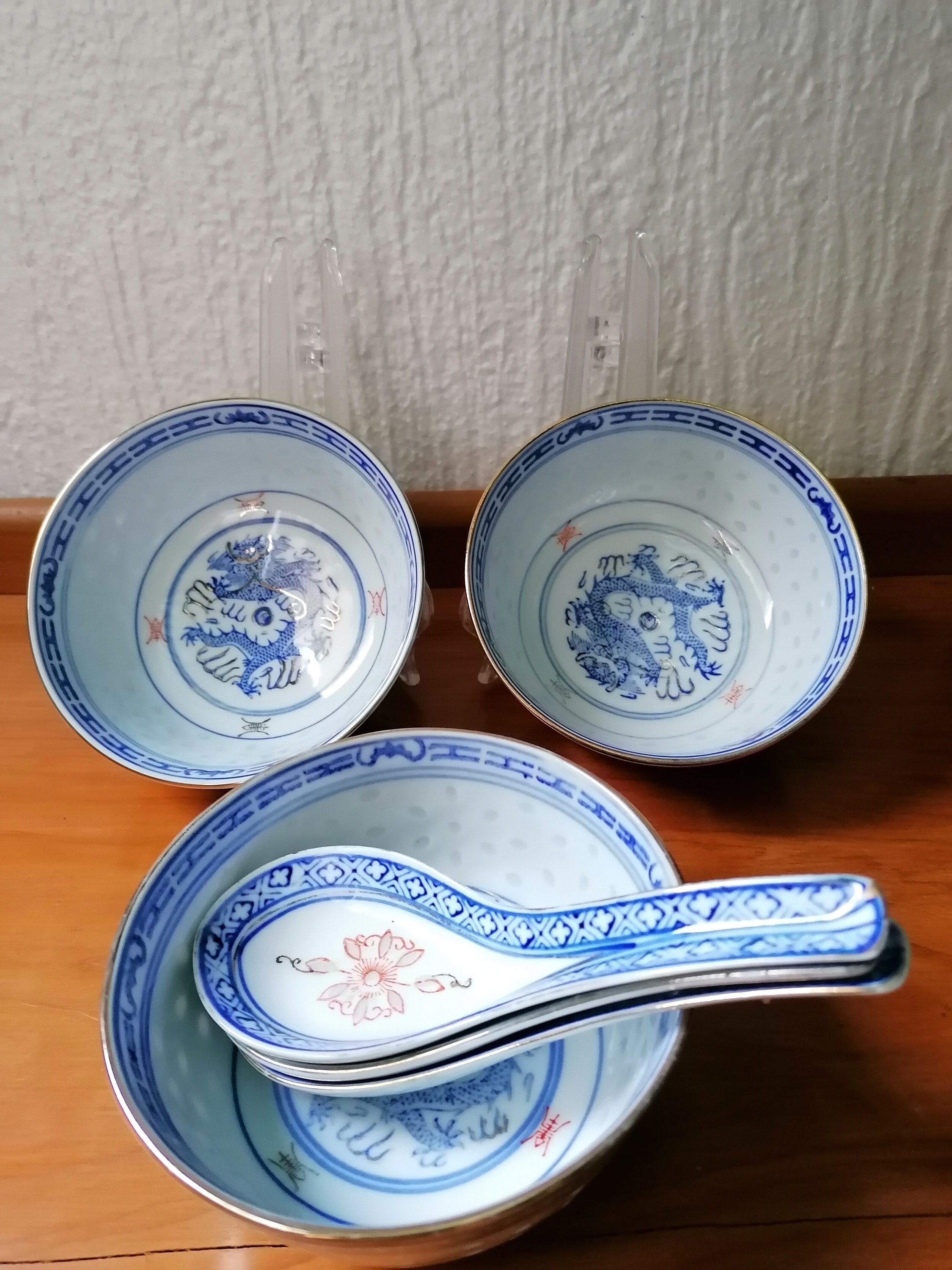 Set of 3 Chinese Porcelain Noodle Bowls and Spoons Blue Asia Etsy