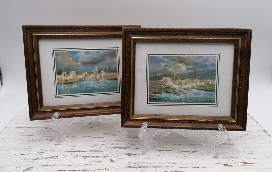 Set of 2 Frames With a Running Horses Picture, White Horses Print in