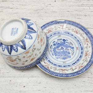Set aus blauer chinesischer Roce Schale mit kleinem Teller, Reis- /Nudelschale und Teller, Drachen Dekor asiatisches Set, orientalisches Porzellan, asiatisches Haus Dekor