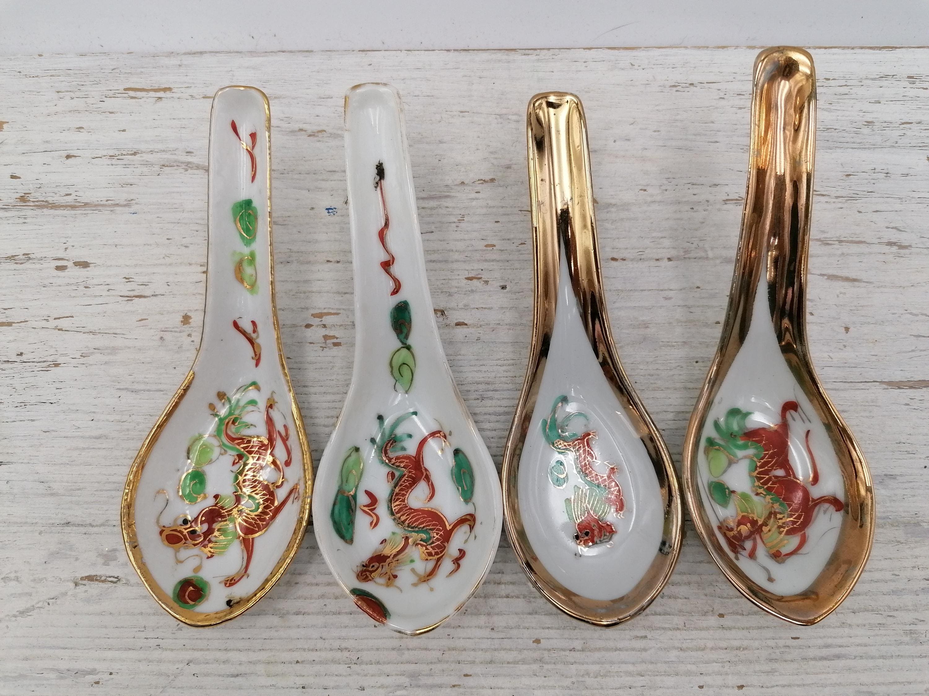 Vintage Chinese Rice Noodle Soup Spoon, Red Floral Pattern Asian Spoon,Rare Collectible Spoon,Asian Soup Spoon,Hand-painted spoon