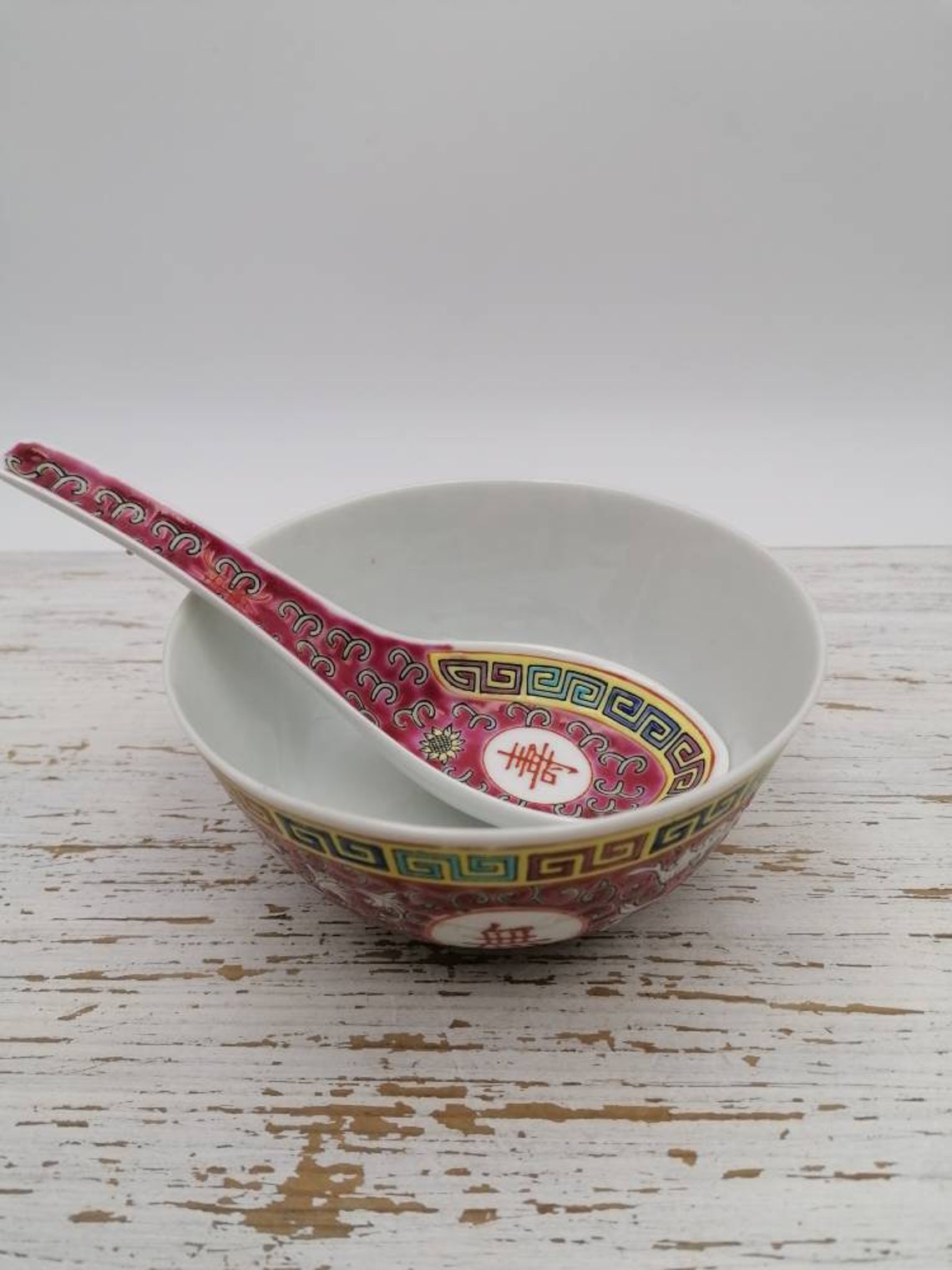 Set of 1 Chinese Soup Bowl and Spoon Pink Mun Shou Chinese Etsy