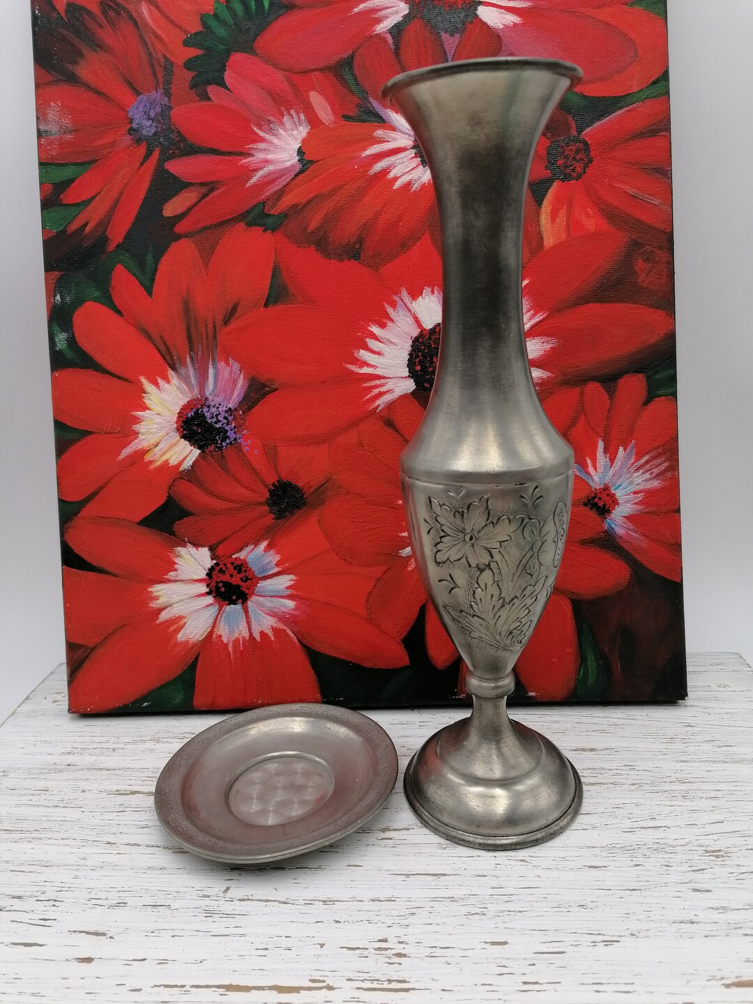 Vintage Tin Vase With Small Plate Made in Portugal Pure Tin Etsy