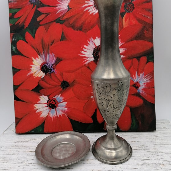 Vintage Tin Vase with Small Plate, Made in Portugal, Pure Tin Vase, Tin Set of vase and Plate,  95% Sn, Home decor, Collection Vase