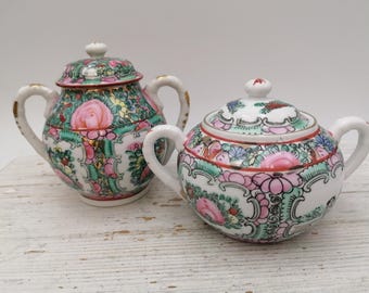 Chinesische kleine Zuckerdose mit Deckel, Macau Familie Rose Kollektion Zuckerdose mit 2 Griff, orientalische Zuckerdose, chinesisches Blumendekor Küchengeschirr